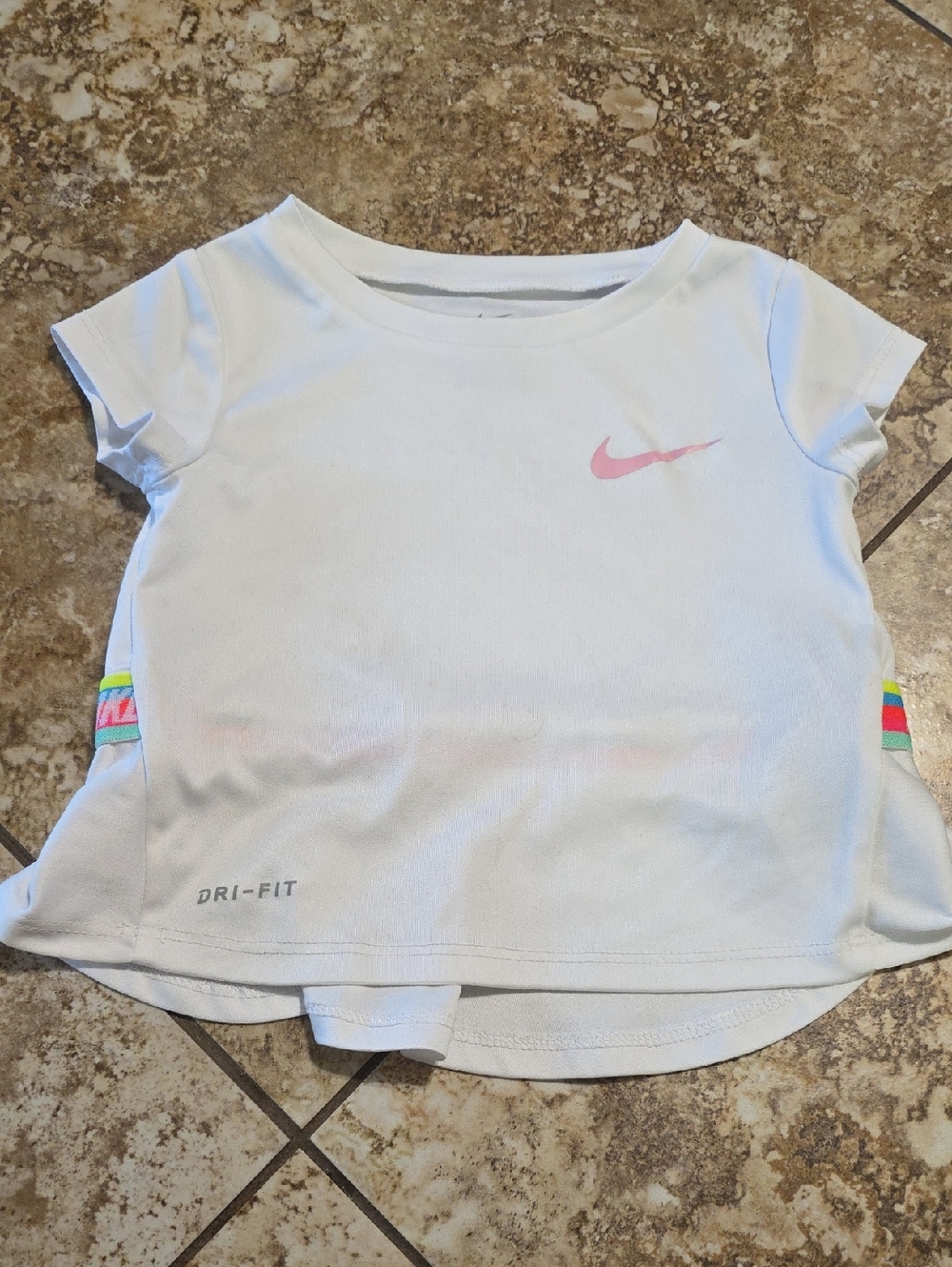 Nike Girls' White Dri-FIT Short Sleeve Top with Pink Swoosh 24 Months